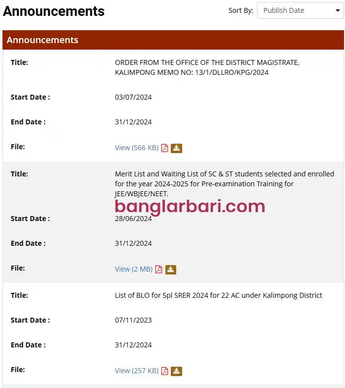 কালিম্পং বাংলার বাড়ি লিস্ট ঘোষণা 2025